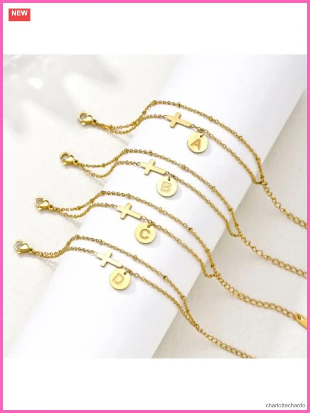 18K Gold Plated Cross Initial Bracelet Dainty Disc Charm Christian Gift